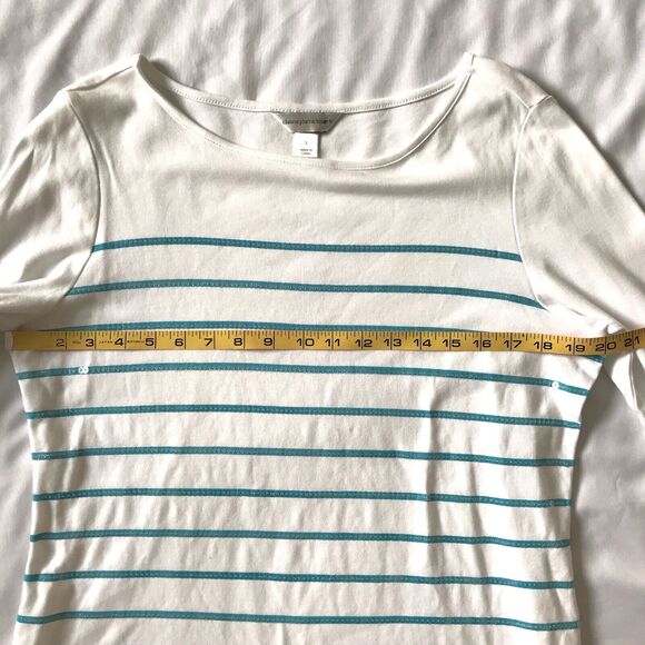 Christopher & Banks Top Tee L White Aqua Stripe 3/4 Slv Sequins Cotton Knit EEUC - Picture 7 of 9